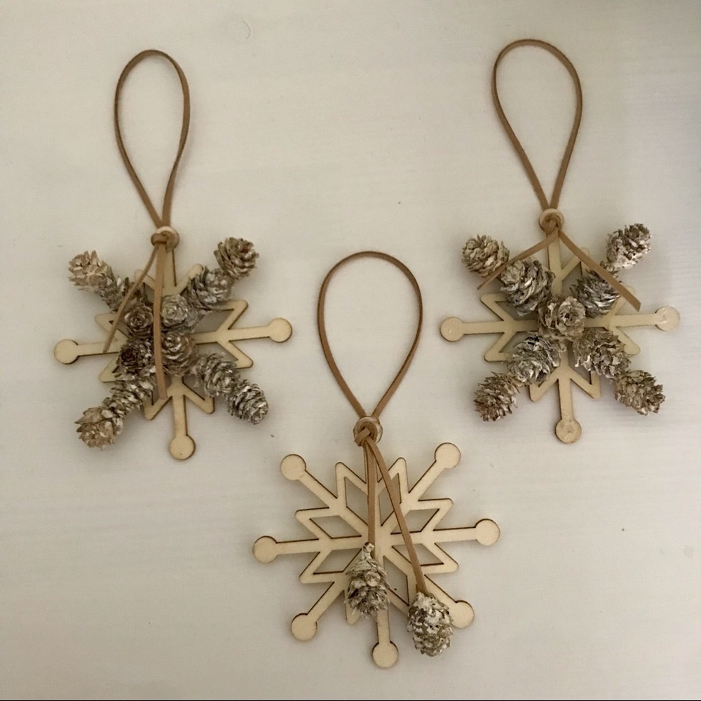 Set of Wood Snowflake Ornaments w/ Pinecones